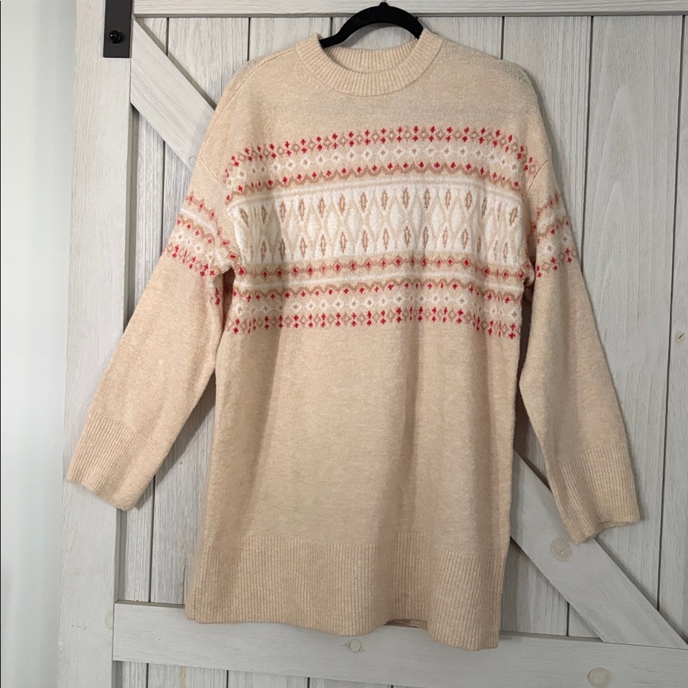 AE CREWNECK HOLIDAY RED BEIGE SWEATER DRESS - Picture 4 of 7